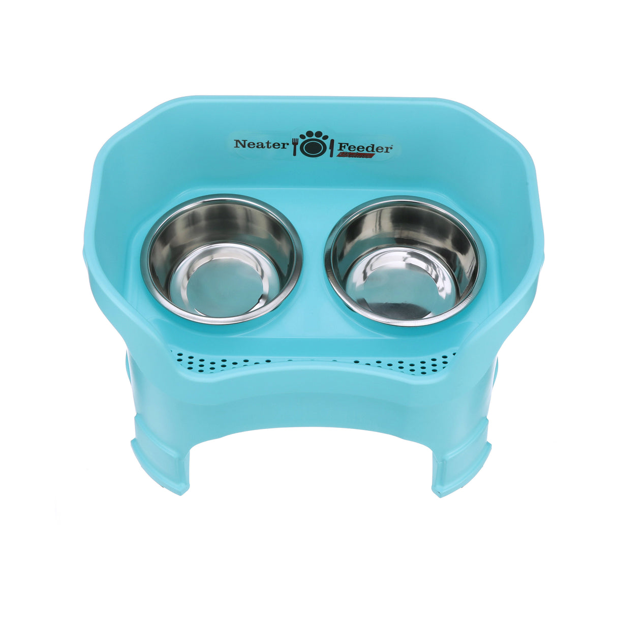 Deluxe large Neater Feeder in Aqua with leg extensions top view with two stainless steel bowls against a white background.