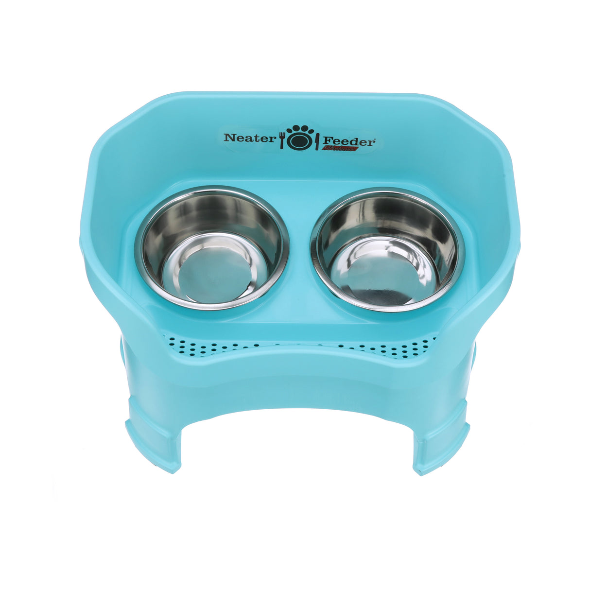 Deluxe Large Neater Feeder with leg extensions in Aqua top view with two stainless steel bowls against a white background.