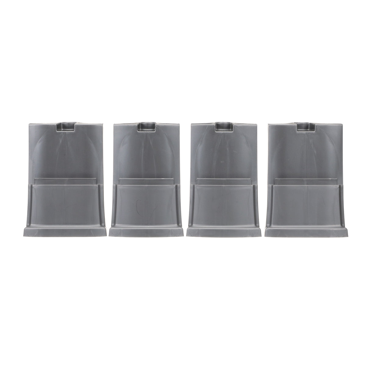 Four gunmetal gray large leg extensions in a line on a white background.