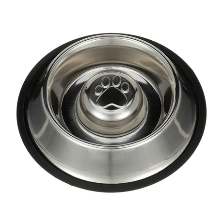 Non-Tip Stainless Steel Slow Feed Bowl top view against a white background.