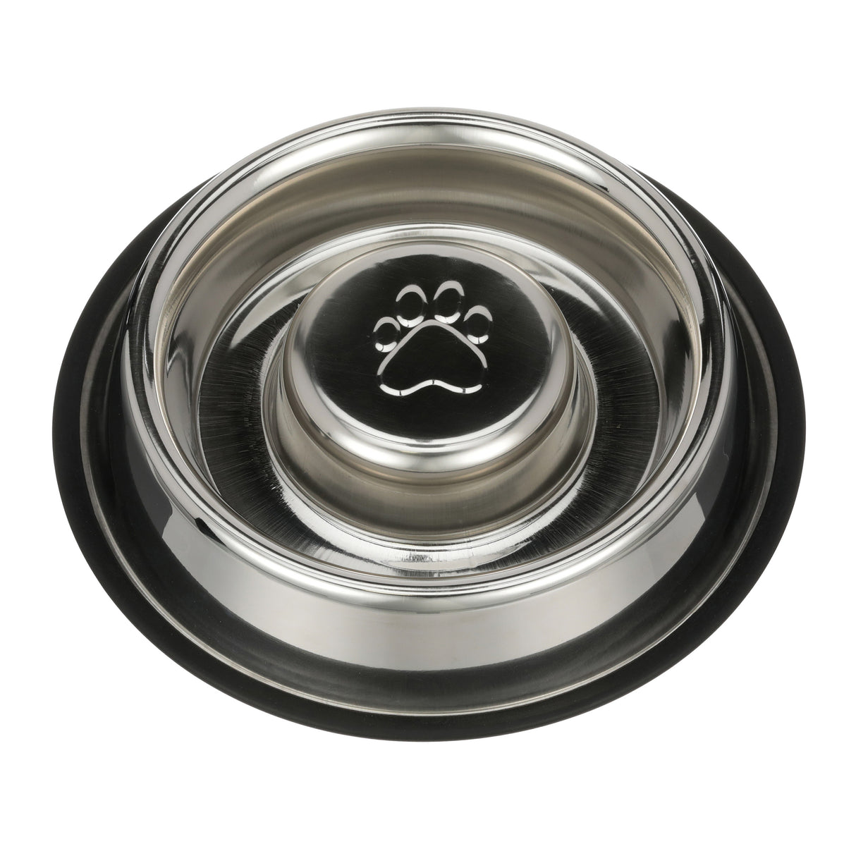 Non-Tip Stainless Steel Slow Feed Bowl top view against a white background.