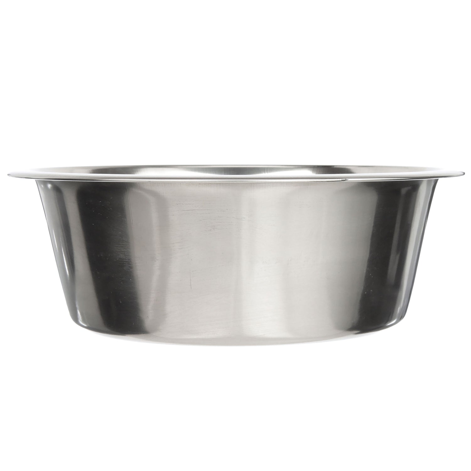 Side view of stainless steel pet bowl against a white background.