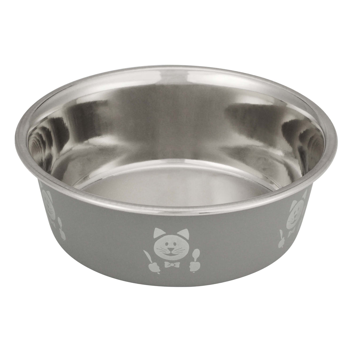 Grey Hungry Cat Bowl side view on white background with cat face holding utensils.