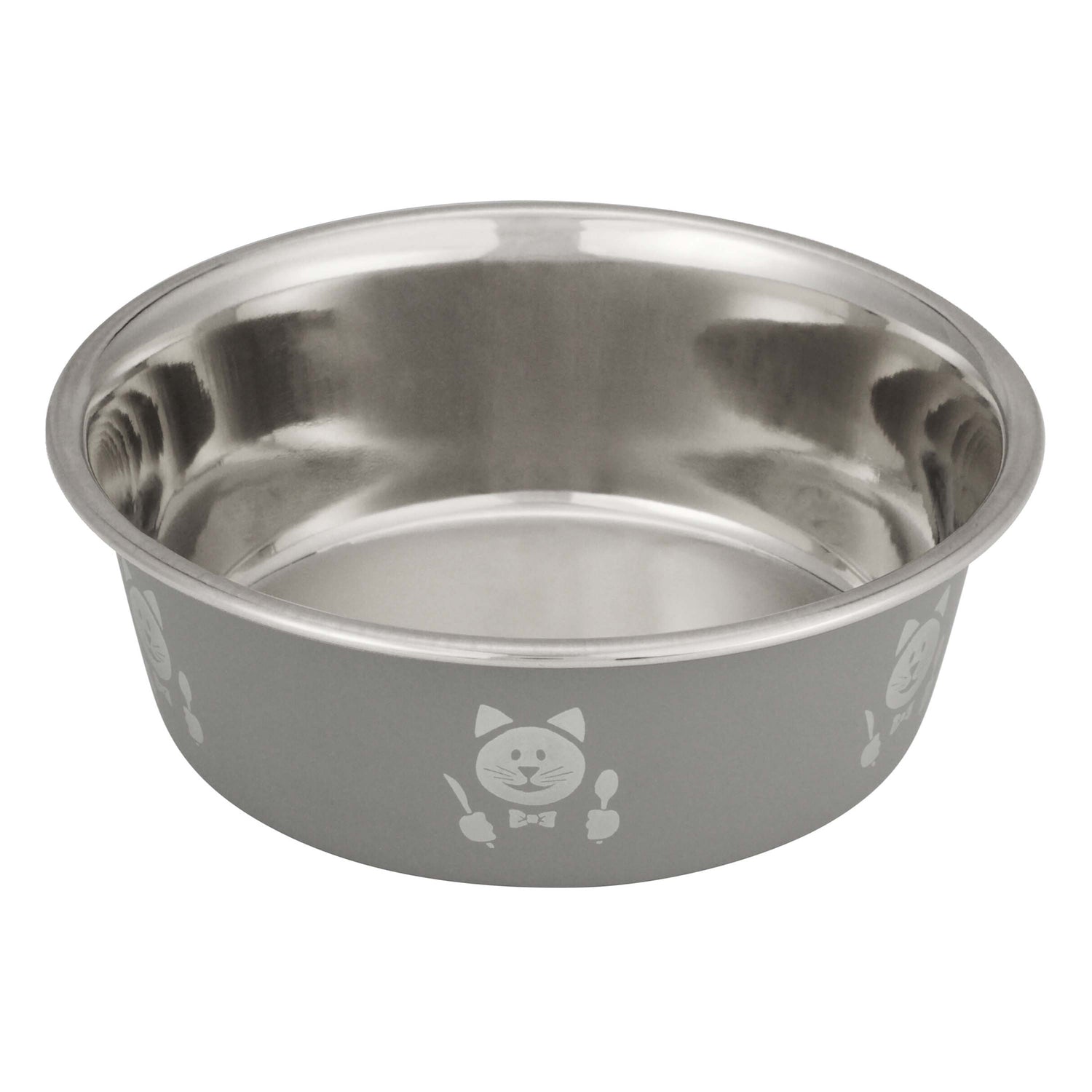 Grey Hungry Cat Bowl side view on white background with cat face holding utensils.