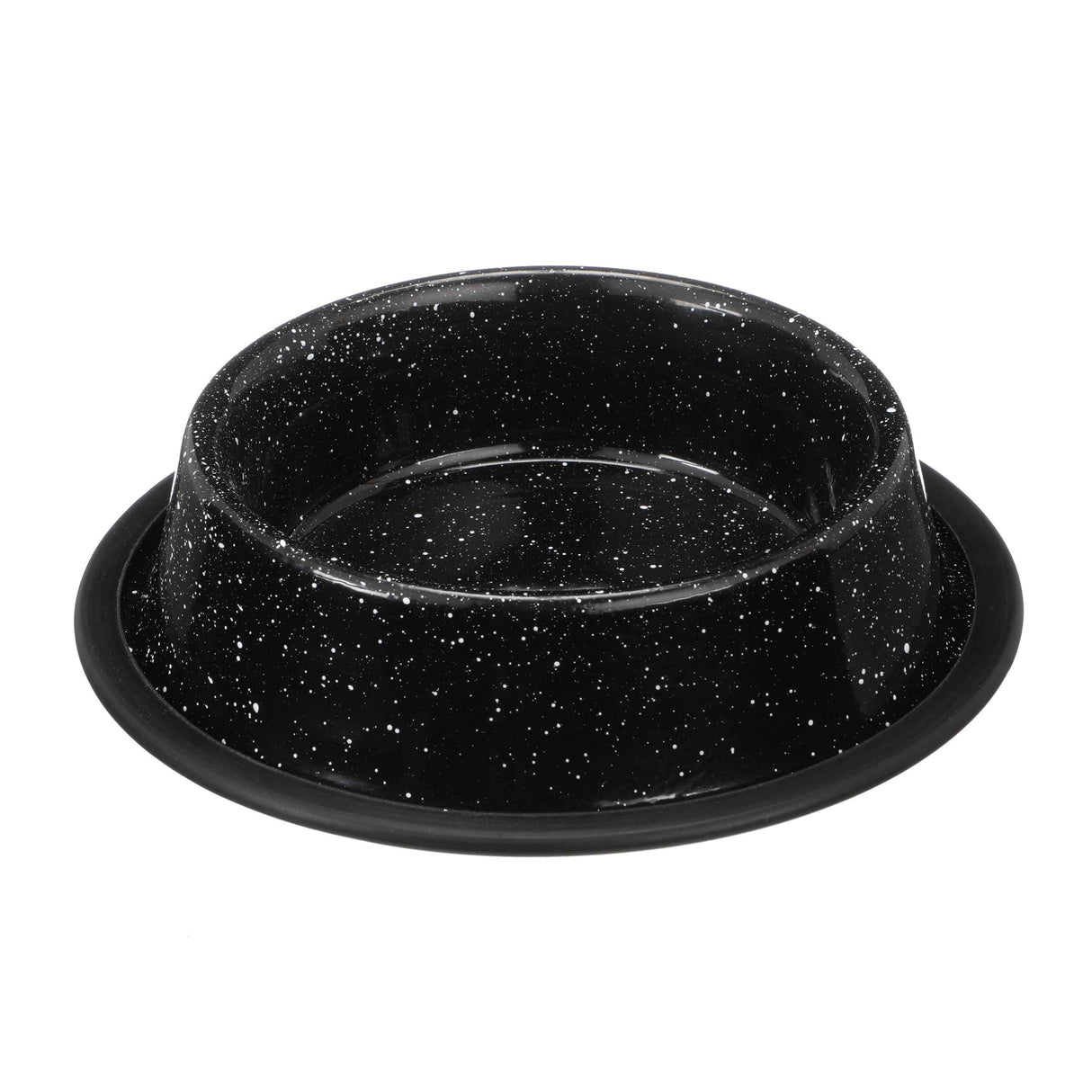 Black Camping Bowl with white specs against a white background.