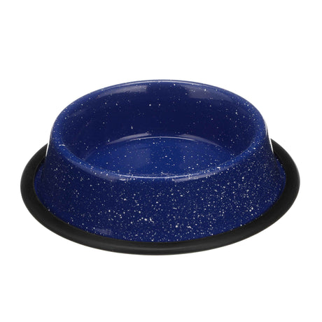 Blue Camping Bowl with white specs against a white background.