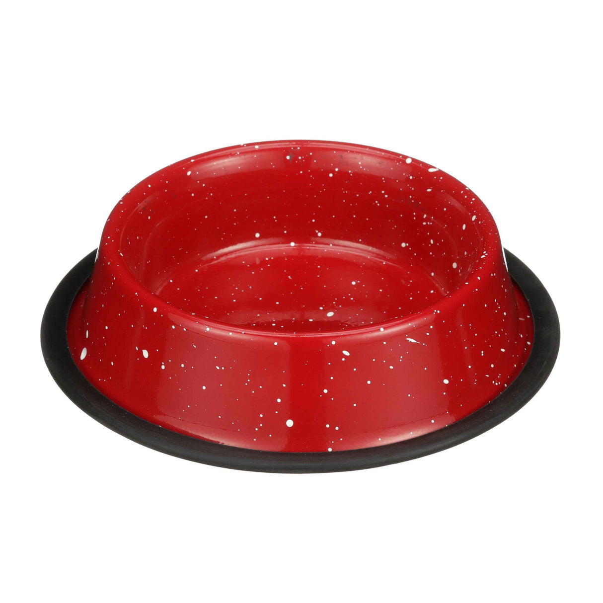 Red Camping Bowl with white specs against a white background.