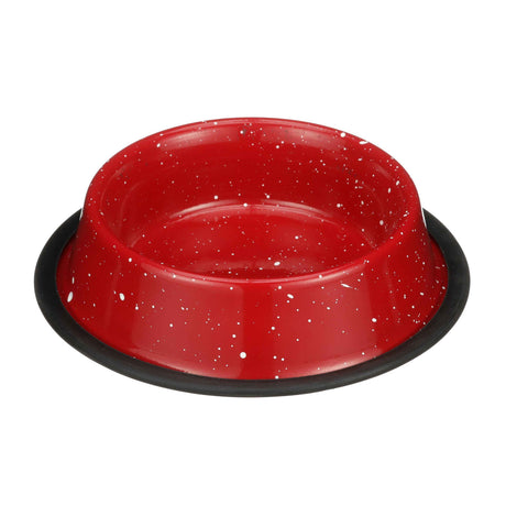 Red Camping Bowl with white specs against a white background.