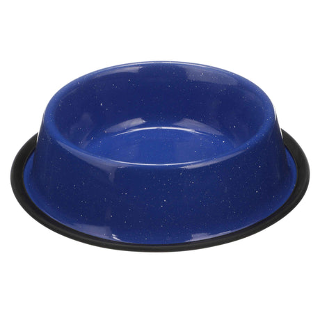 Blue Camping Bowl with white specs against a white background.