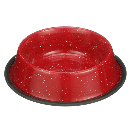 Red Camping Bowl with white specs against a white background.
