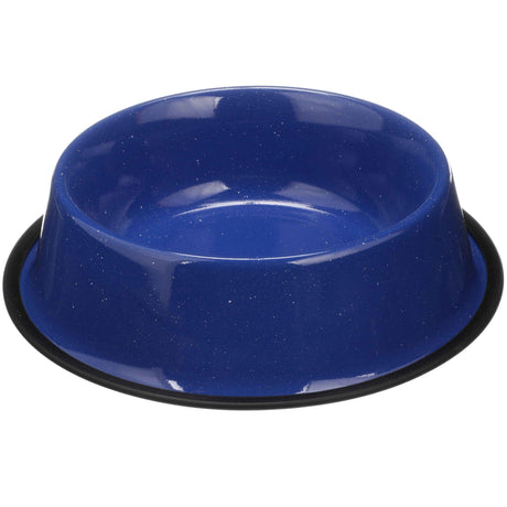 Blue Camping Bowl with white specs against a white background.