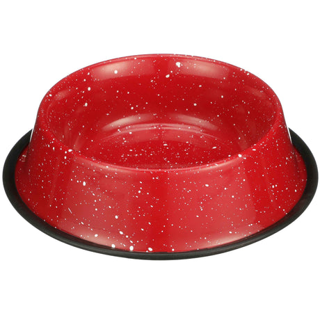 Red Camping Bowl with white specs against a white background.
