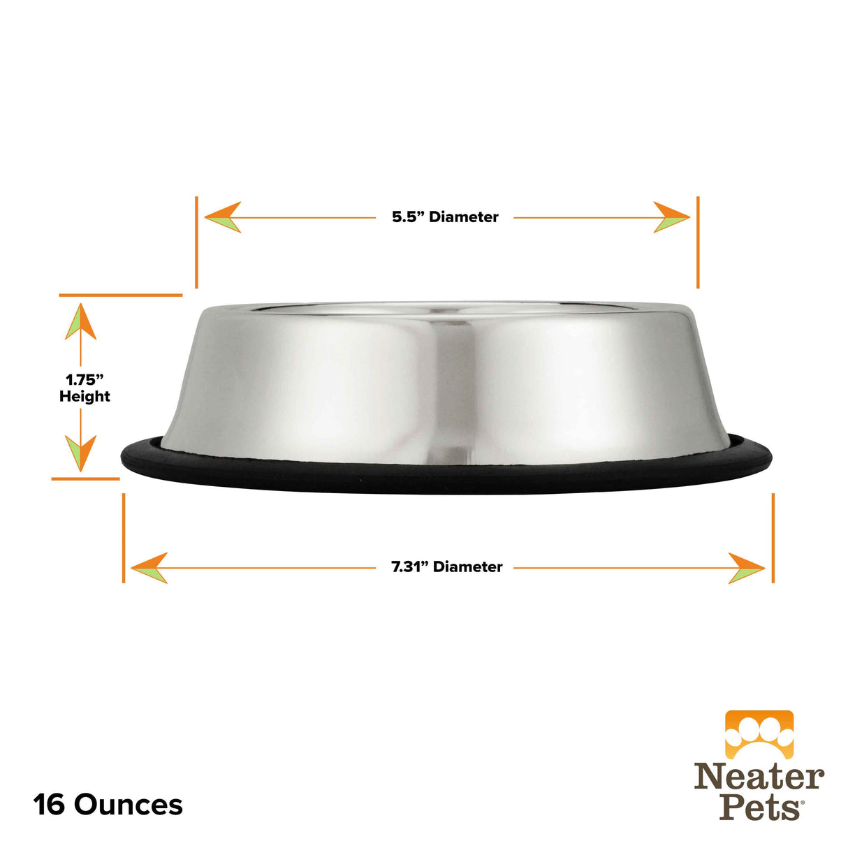 Side view of the 16 ounce non-tip stainless steel bowl with the dimensions.