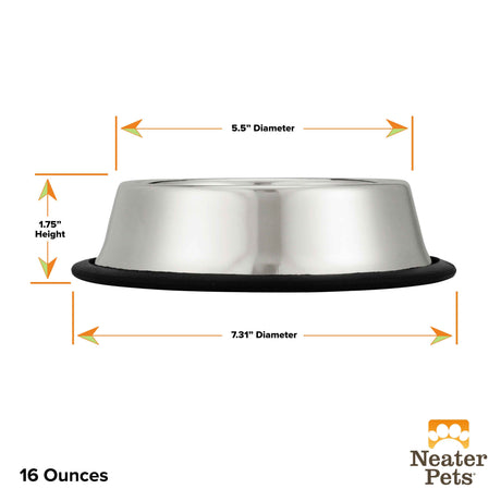 Side view of the 16 ounce non-tip stainless steel bowl with the dimensions.