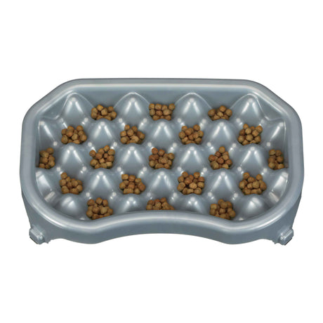 2.5 cup Silver Metallic Neater Slow Feeder with food and water