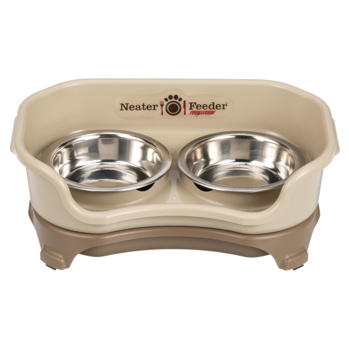 Cappuccino Express Neater Feeder for cats feeding system with two stainless steel bowls against a white background.
