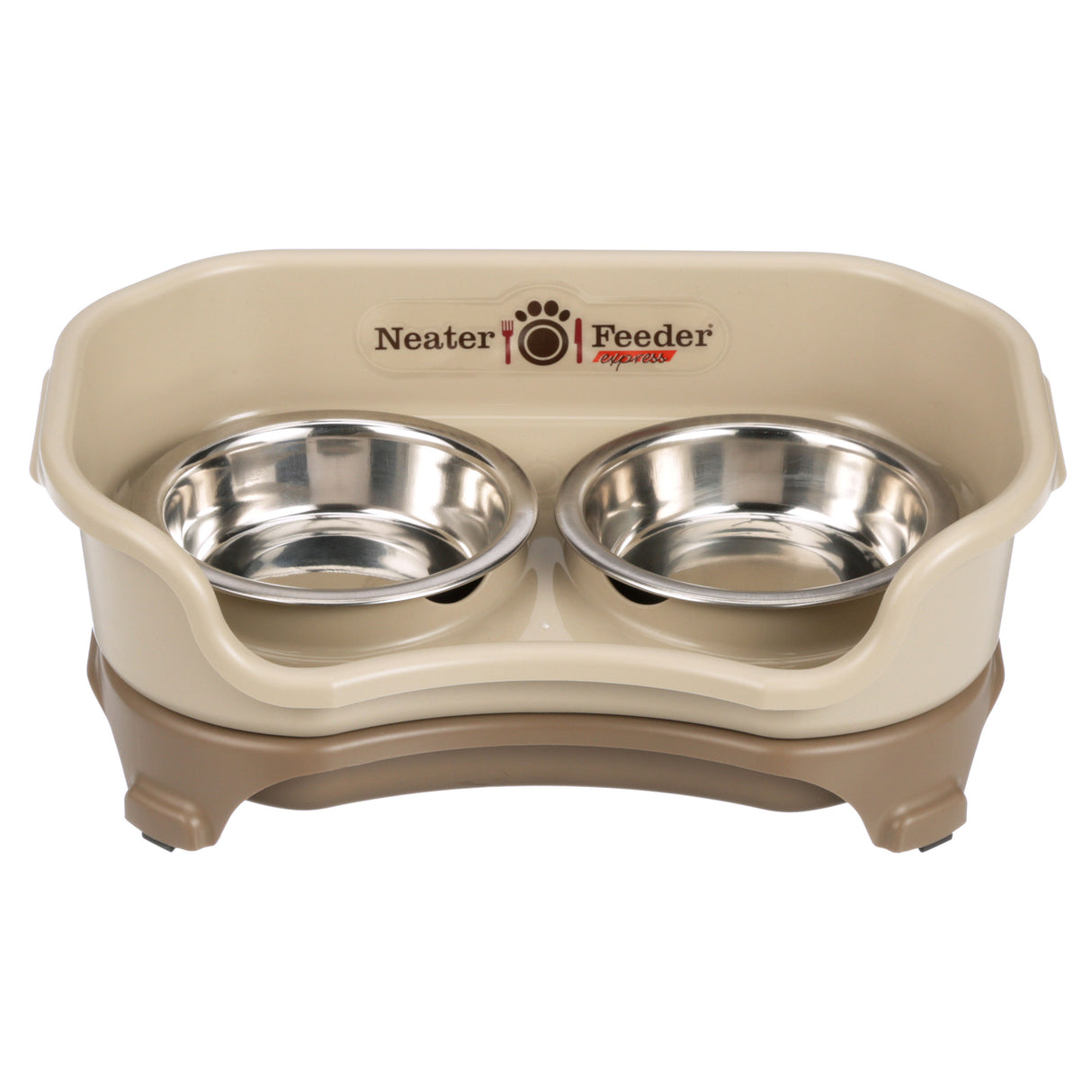 Express cat Neater Feeder in Cappuccino with two stainless steel bowls against a white background.
