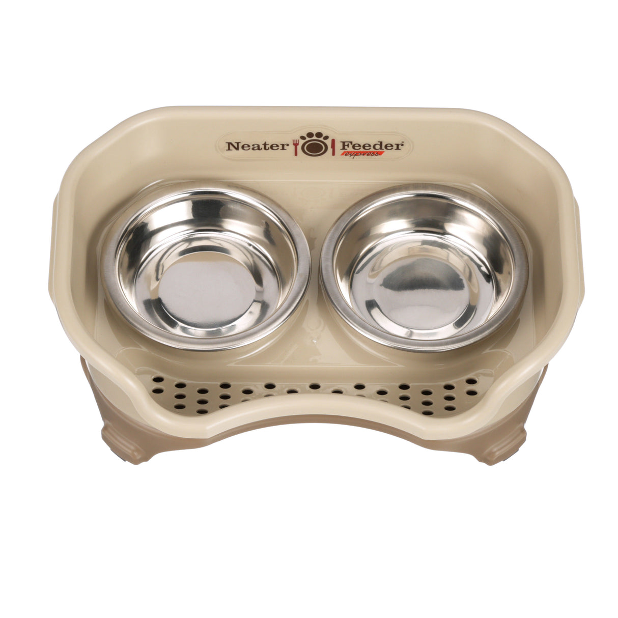 Cappuccino Express Neater Feeder for cats feeding system top view with two stainless steel bowls against a white background.