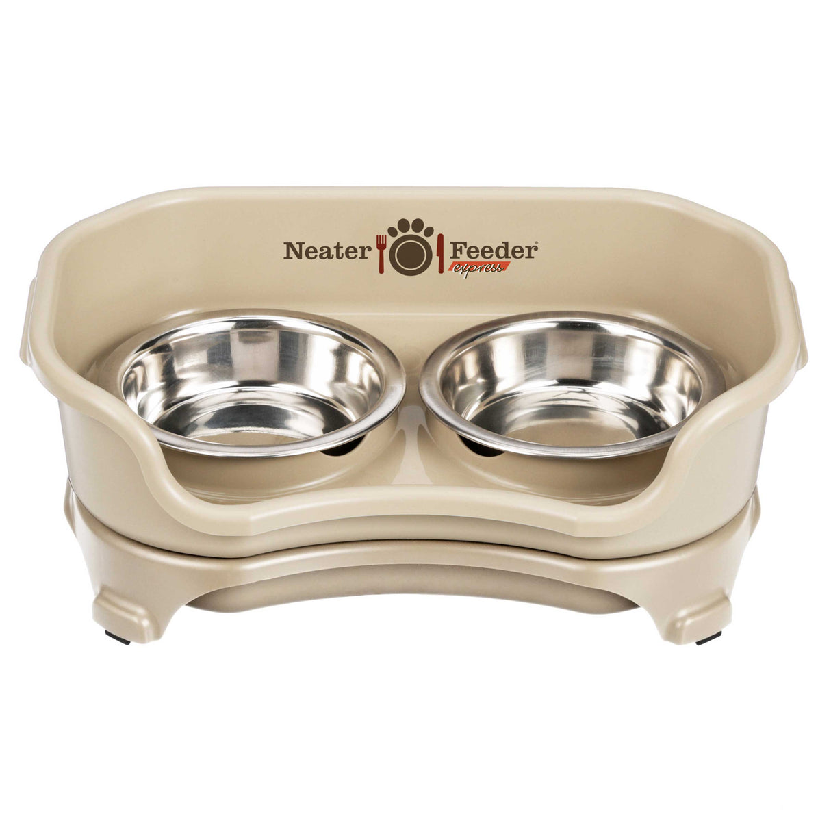 Express cat Neater Feeder in Almond with two stainless steel bowls against a white background.