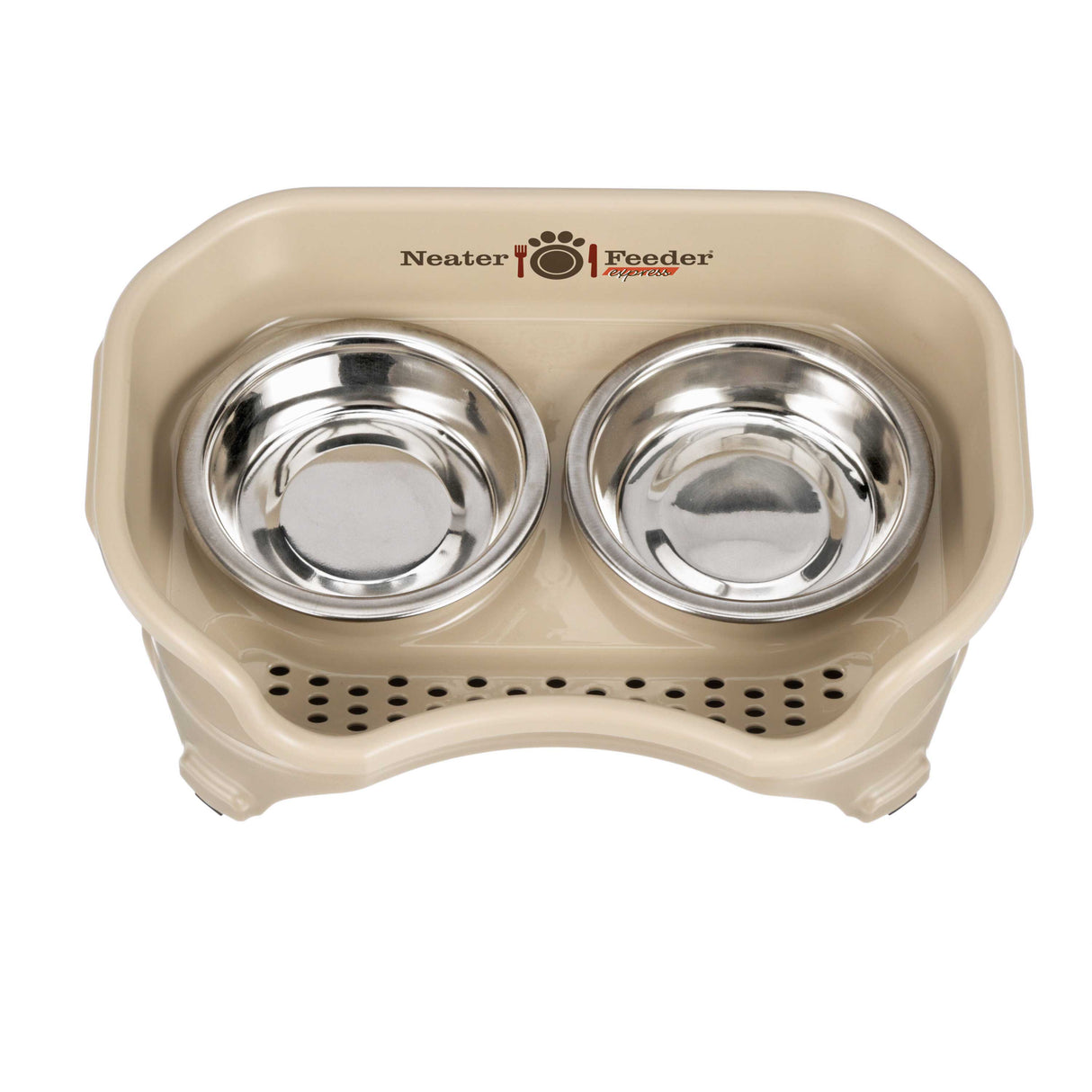 Express cat Neater Feeder in Almond top view with two stainless steel bowls against a white background.