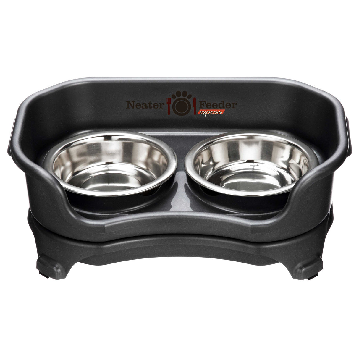 Express cat Neater Feeder in Midnight Black with two stainless steel bowls against a white background.