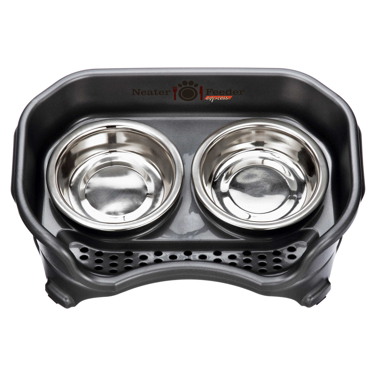 Midnight Black Express Neater Feeder cat feeding system top view with two stainless steel bowls against a white background.