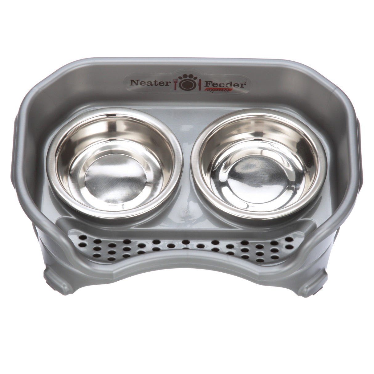 Express cat Neater Feeder in Gunmetal Grey top view top view with two stainless steel bowls against a white background.