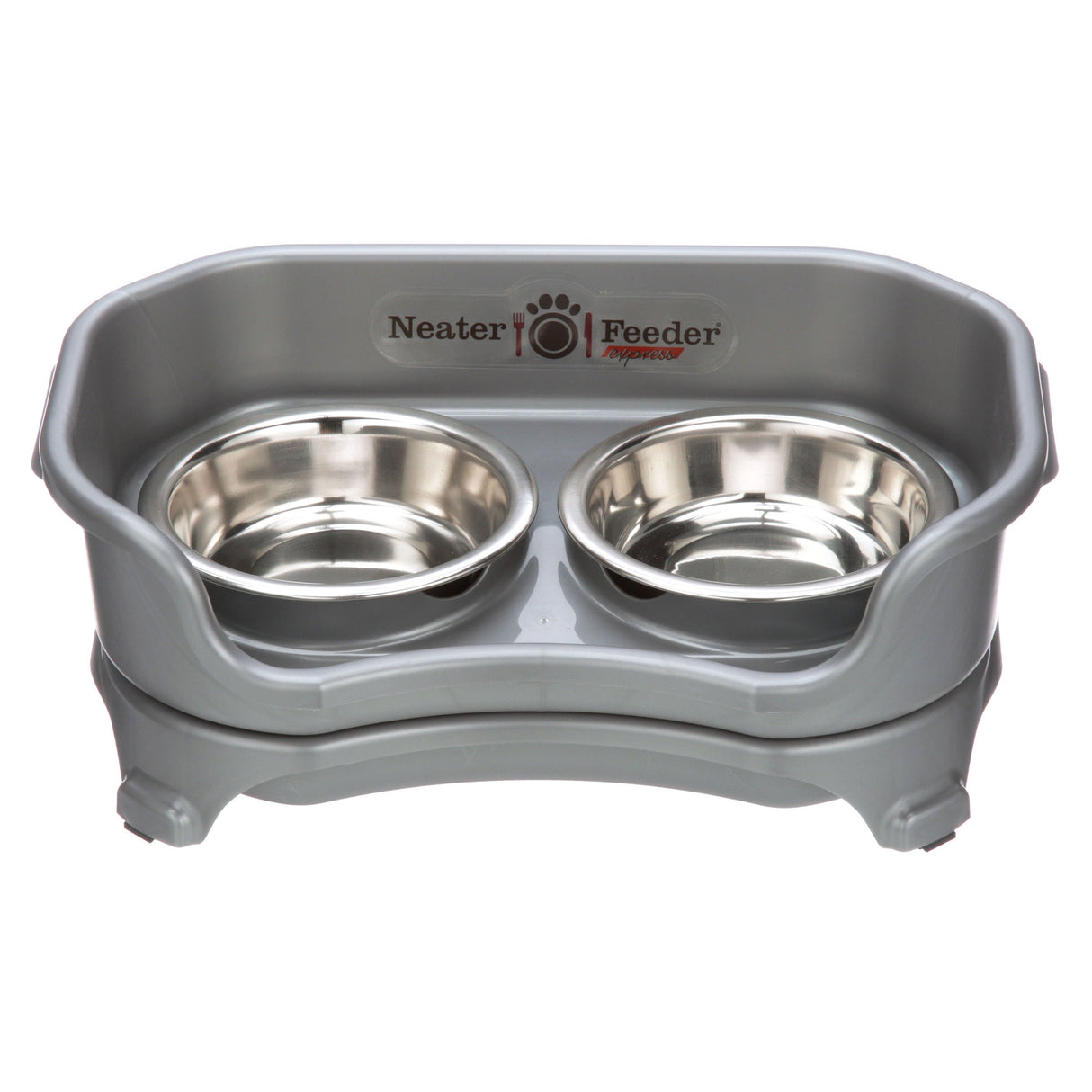Gunmetal Grey Express Neater Feeder for cats feeding system with two stainless steel bowls against a white background.