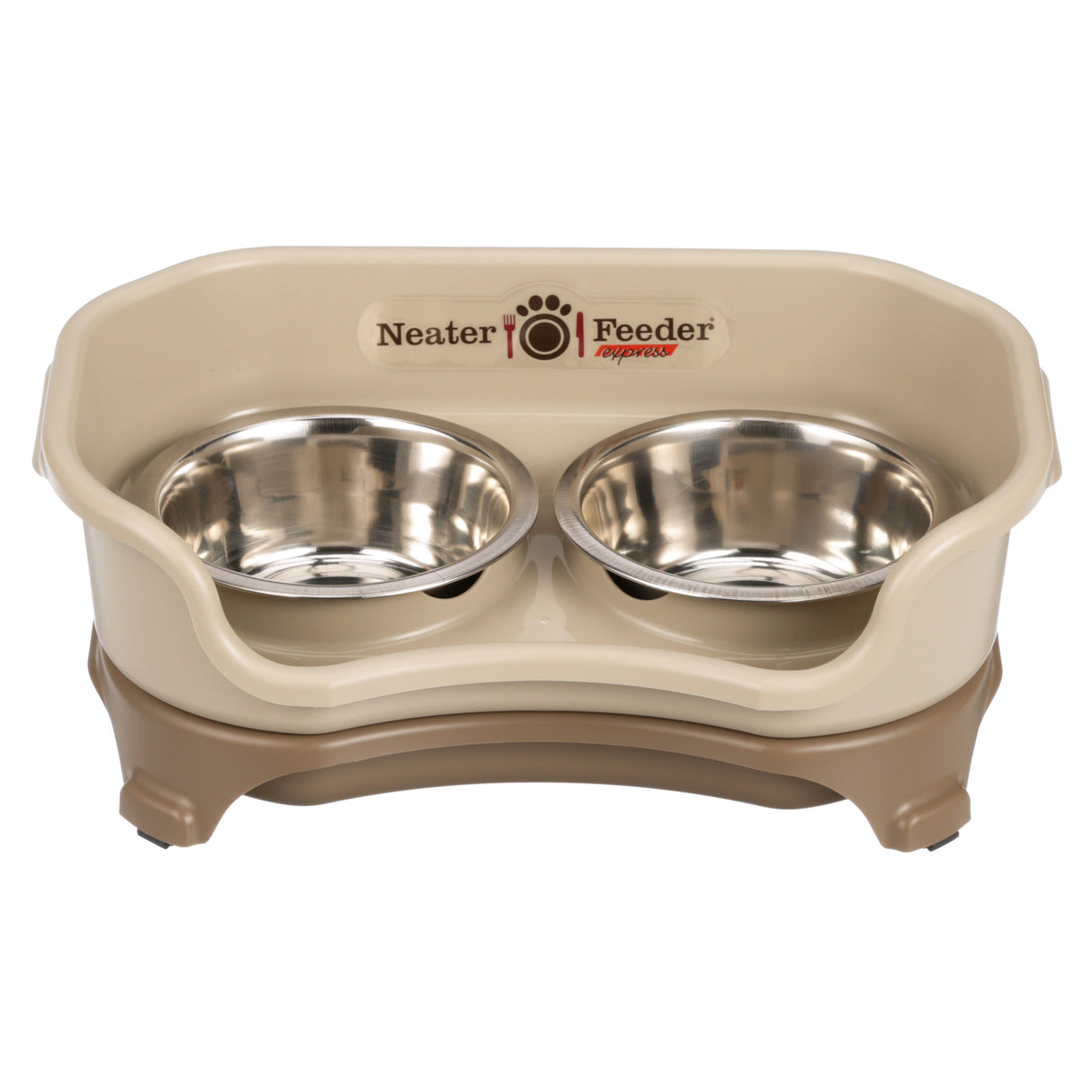 Cappuccino Express Neater Feeder for cats feeding system with two stainless steel bowls against a white background.