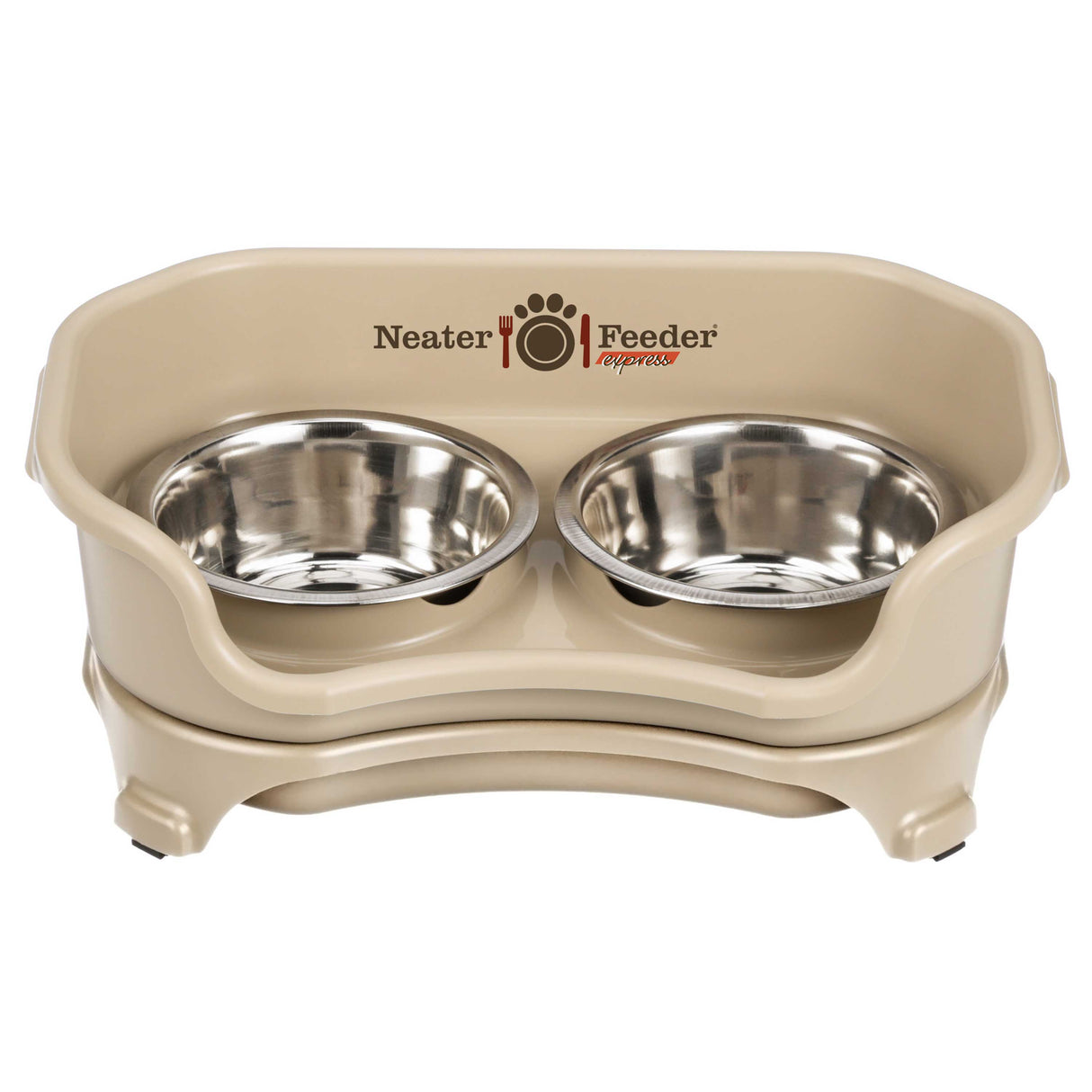 Express small Neater Feeder in Almond with two stainless steel bowls against a white background.