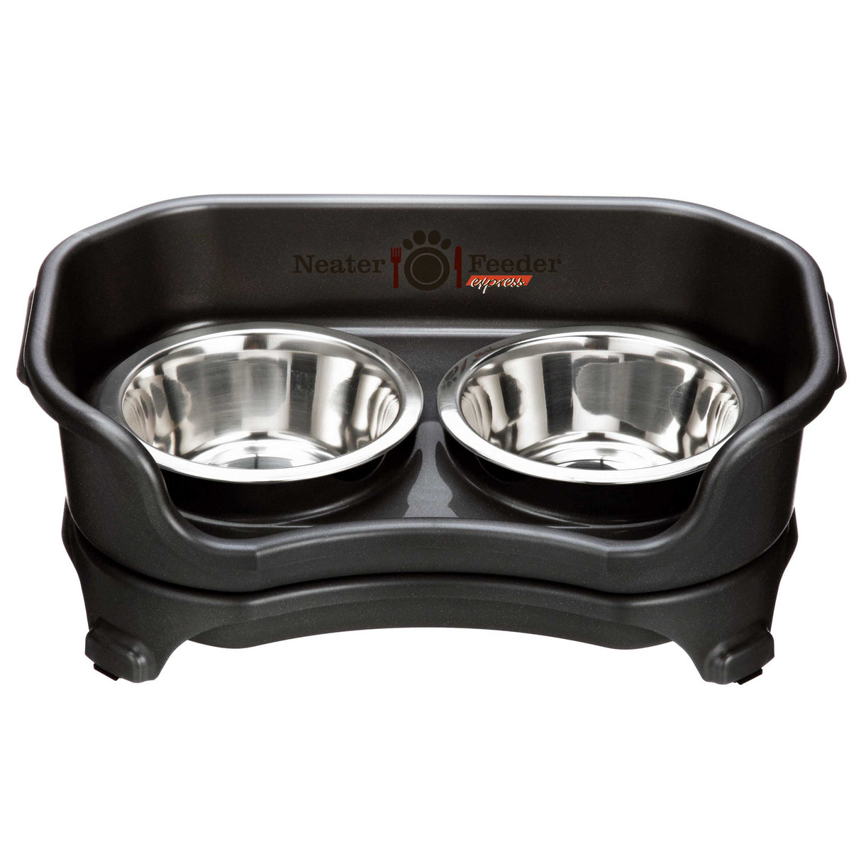 Express small Neater Feeder in Midnight Black with two stainless steel bowls against a white background.