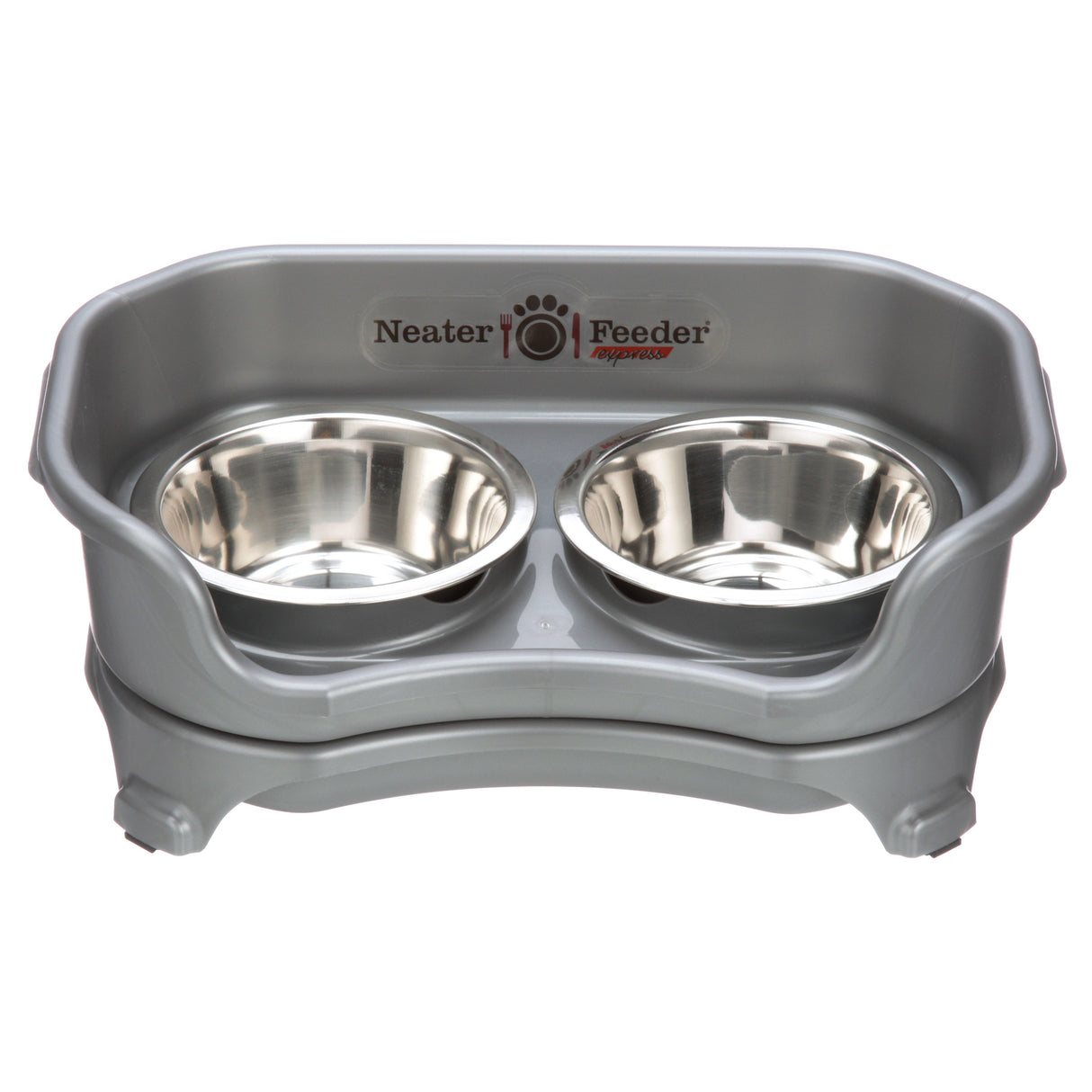 Express small Neater Feeder in Gunmetal Grey with two stainless steel bowls against a white background.
