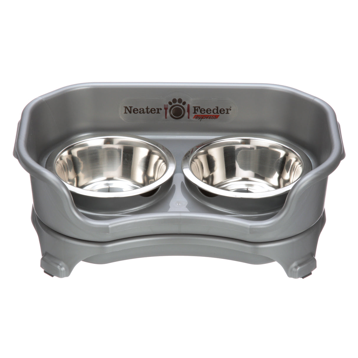 Gunmetal Grey Express Neater Feeder for cats feeding system with two stainless steel bowls against a white background.