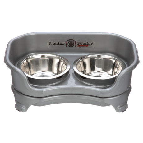 Small Gunmetal gray EXPRESS Neater Feeder with two stainless steel bowls against a white background.