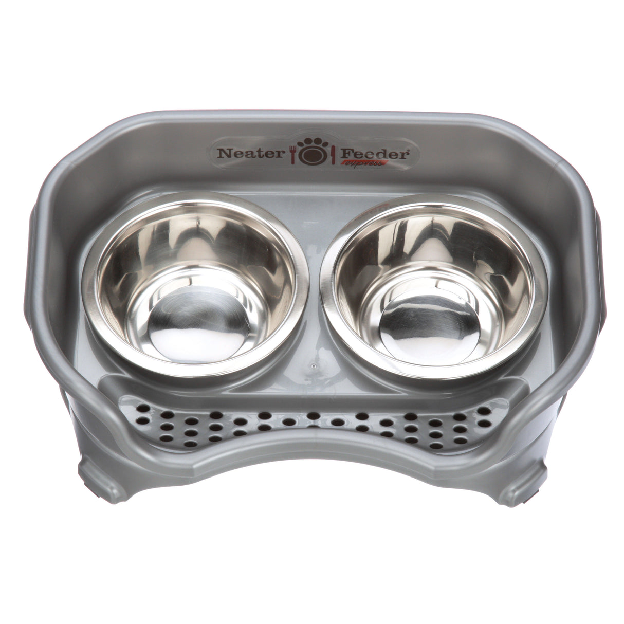 Gunmetal Grey Express Neater Feeder for cats feeding system top view with two stainless steel bowls against a white background.