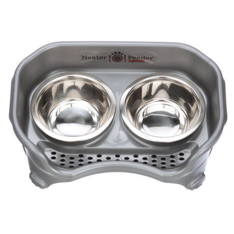Small Gunmetal gray EXPRESS Neater Feeder top view with two stainless steel bowls against a white background.