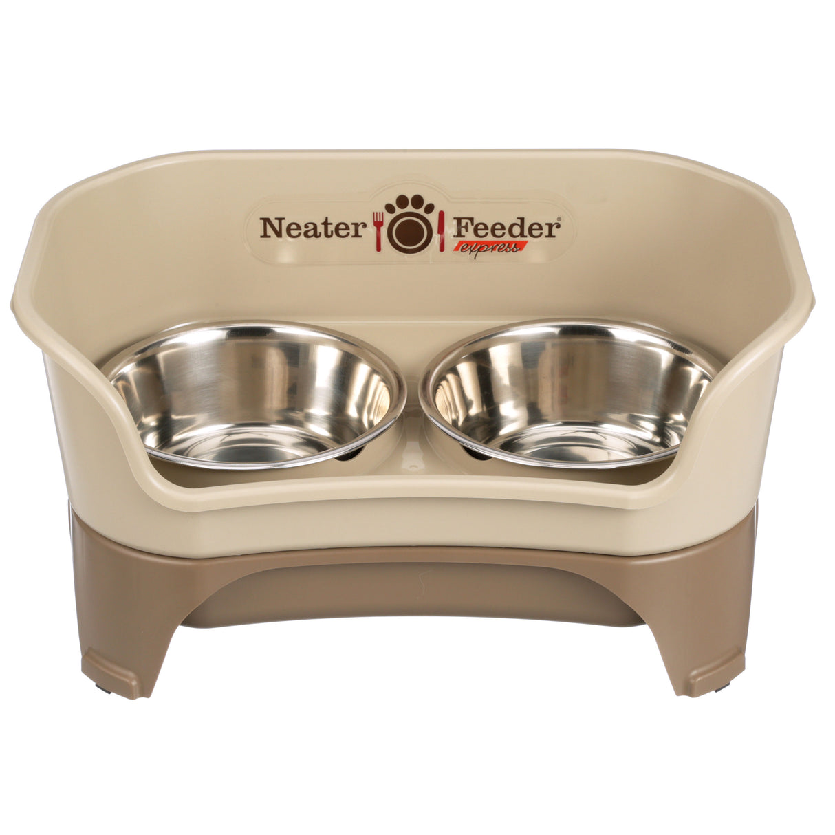 Medium to large Cappuccino EXPRESS Neater Feeder with two stainless steel bowls against a white background.
