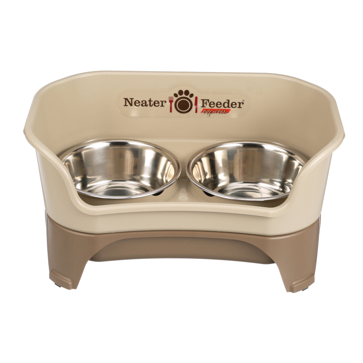 Cappuccino Express Neater Feeder medium to large feeding system with two stainless steel bowls against a white background.