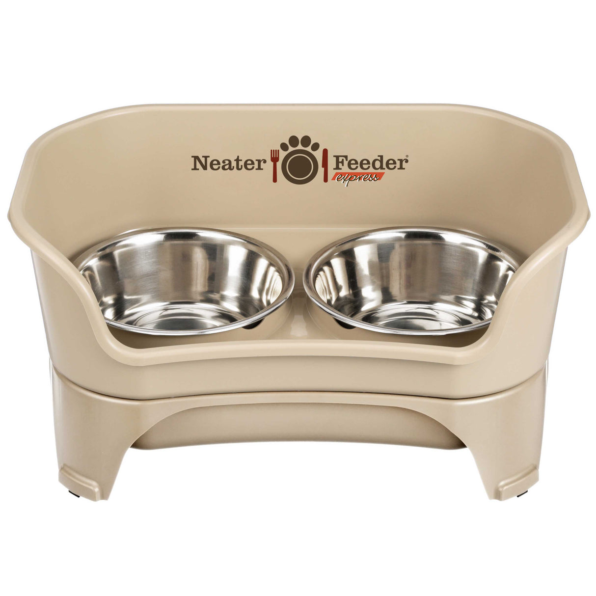 Express medium to large Neater Feeder in Almond with two stainless steel bowls against a white background.