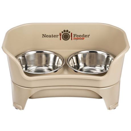Medium to large almond EXPRESS Neater Feeder with two stainless steel bowls against a white background.
