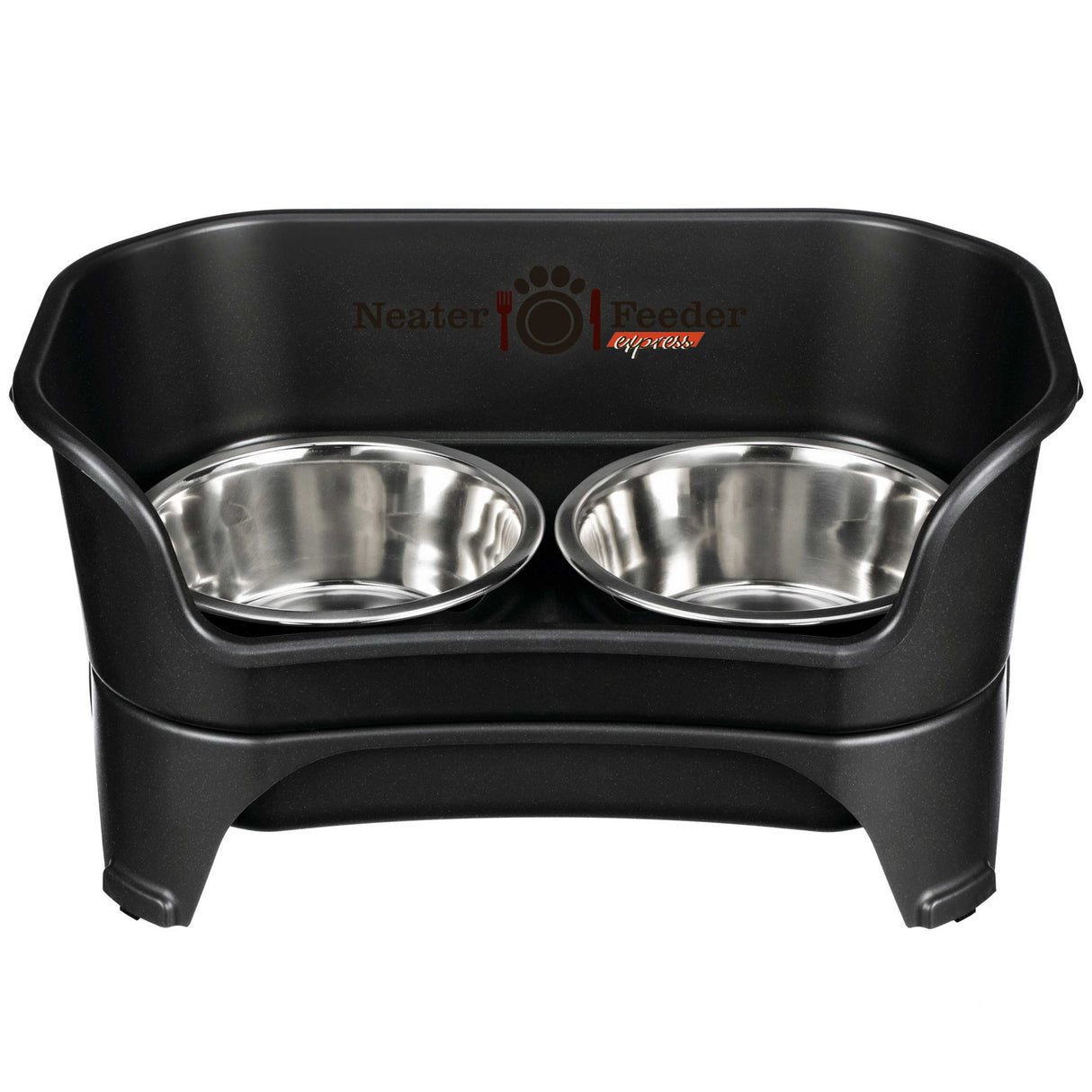 Midnight Black Express Neater Feeder medium to large feeding system with two stainless steel bowls against a white background.