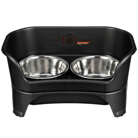 Medium to large midnight black EXPRESS Neater Feeder with two stainless steel bowls against a white background.