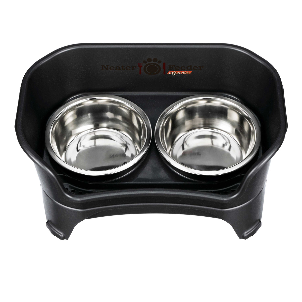 Midnight Black Express Neater Feeder medium to large feeding system top view with two stainless steel bowls against a white background.