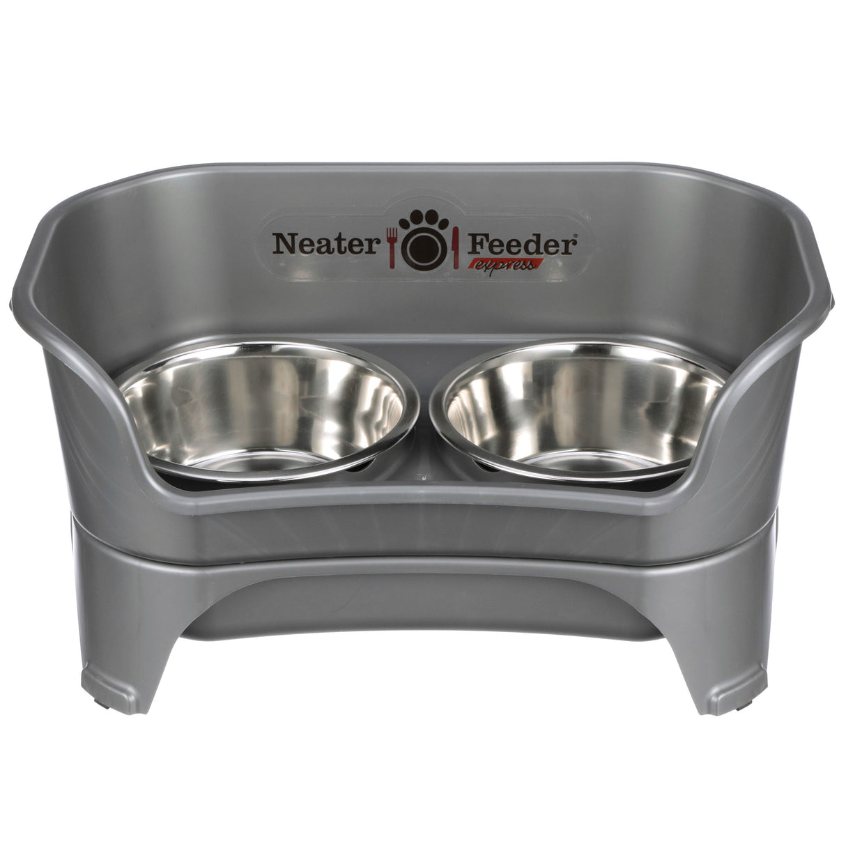 Medium to large Gunmetal gray EXPRESS Neater Feeder with two stainless steel bowls against a white background.