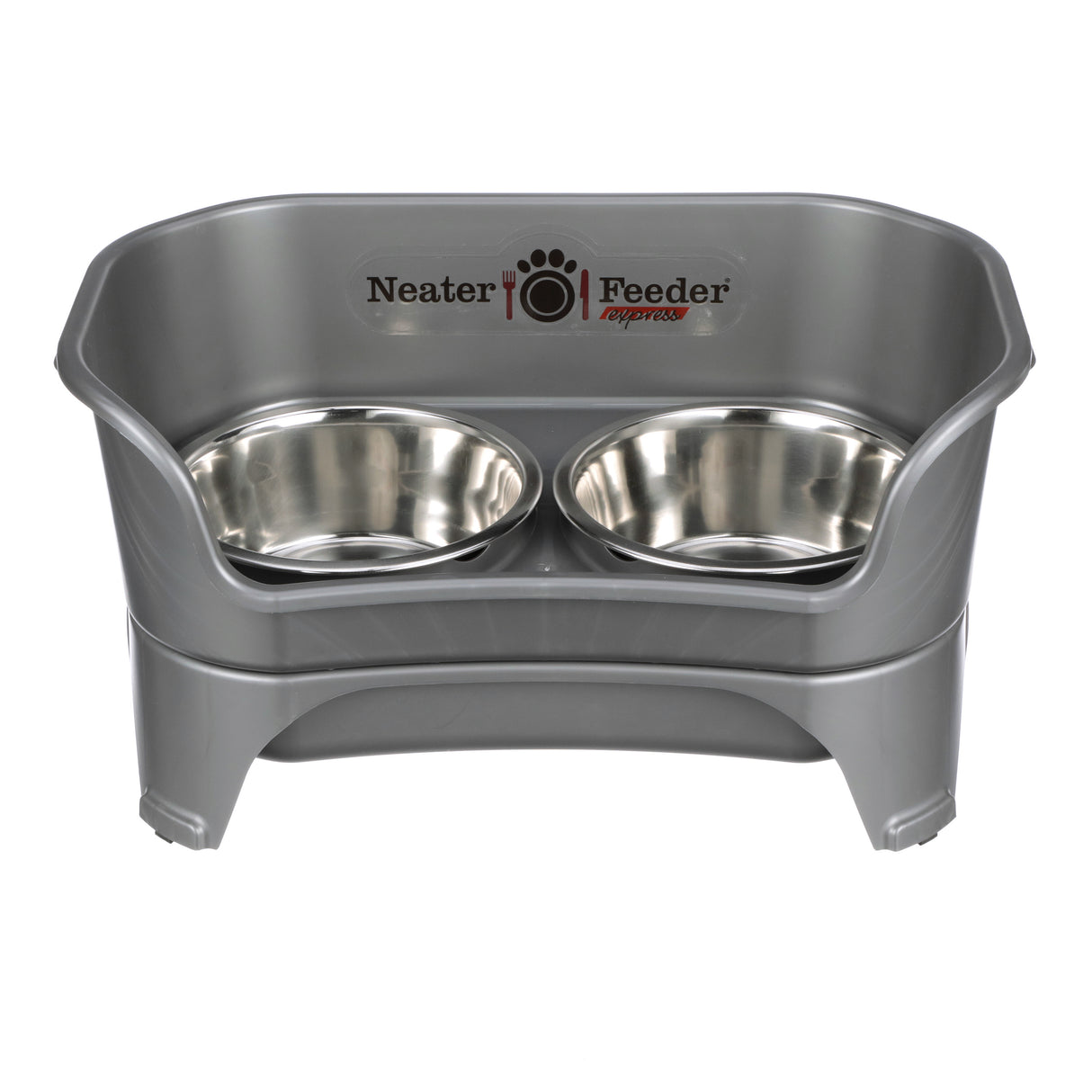Gunmetal Grey Express Neater Feeder Medium to Large for cats feeding with two stainless steel bowls against a white background.system