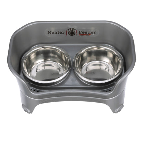 Medium to large Gunmetal gray EXPRESS Neater Feeder top view with two stainless steel bowls against a white background.