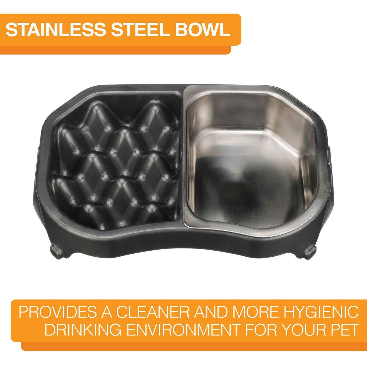 Neater Slow Feed Double Diner with stainless steel bowl with text that says "Provides a cleaner and more hygienic drinking environment for your pet."