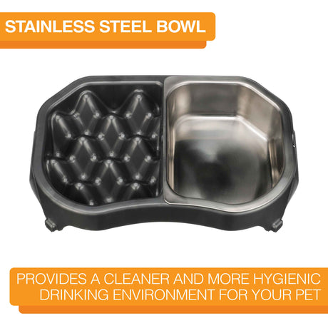 Neater Slow Feed Double Diner with stainless steel bowl with text that says "Provides a cleaner and more hygienic drinking environment for your pet."