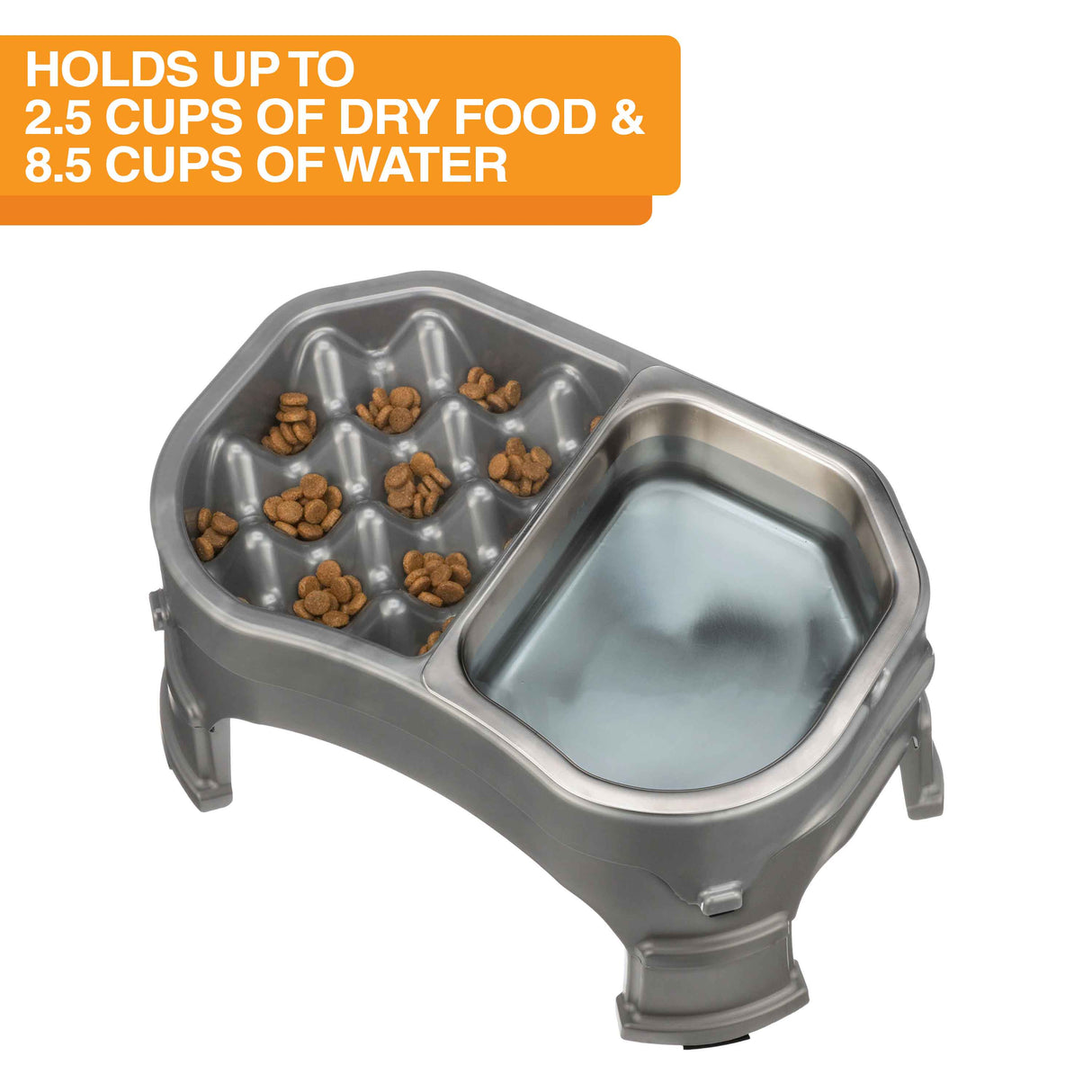 Neater Slow Feeder Double Diner with stainless steel insert with food and water inside the feeder against a white background. Text on the screen explains the food and water capacity.