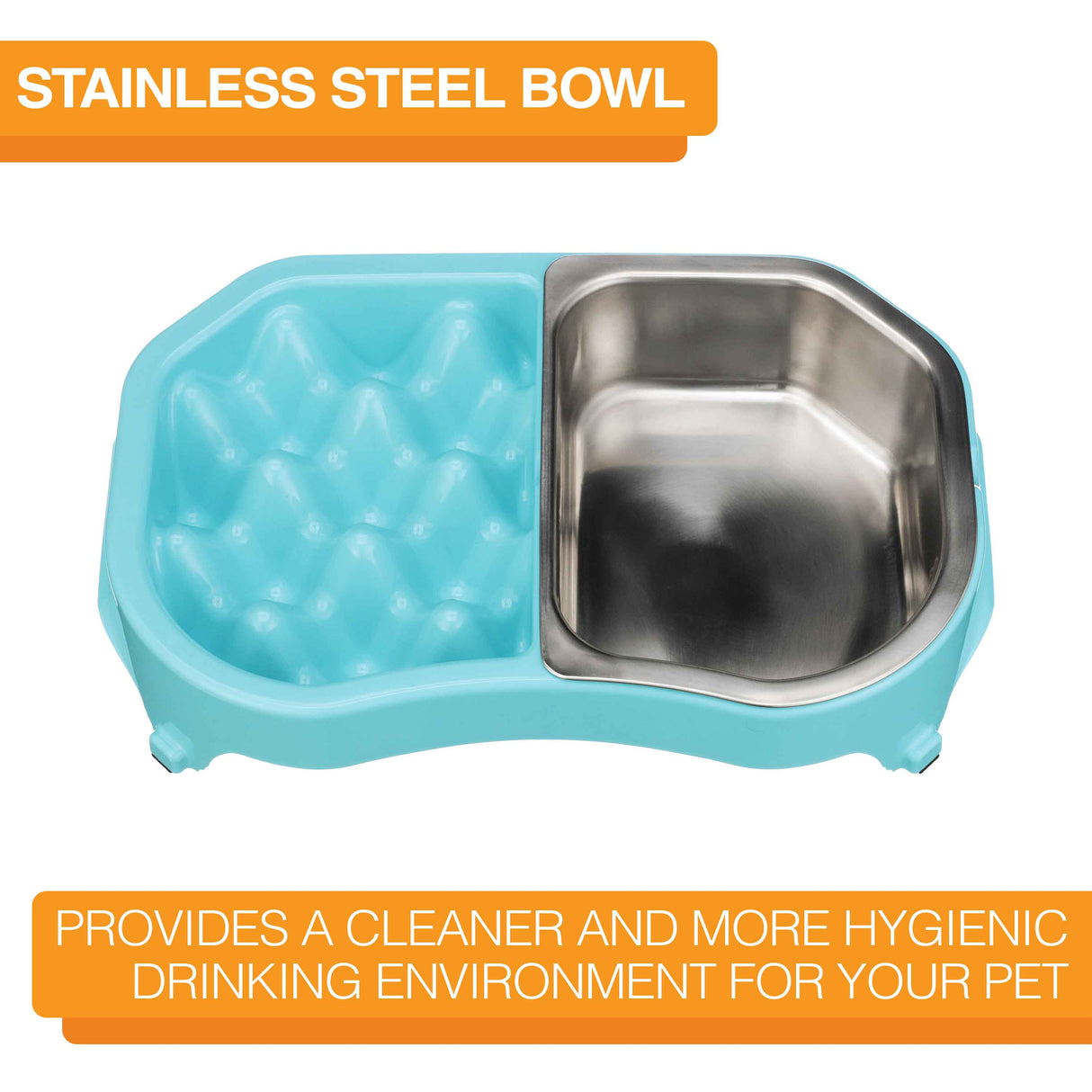 Neater Slow Feed Double Diner with stainless steel bowl with text that says "Provides a cleaner and more hygienic drinking environment for your pet."